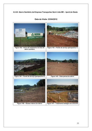 53
4.2.24 Aterro Sanitário da Empresa Transportes Serni Ltda ME – Iporã do Oeste
Data da Visita: 23/04/2012
Figura 142 – Cerca de isolamento da área do
aterro sanitário
Figura 143 – Frente de serviço (perspectiva 1)
Figura 144 – Frente de serviço (perspectiva 2) Figura 145 – Vista parcial do aterro
Figura 146 – Acesso interno do aterro Figura 147 – Tratamento biológico do chorume
 