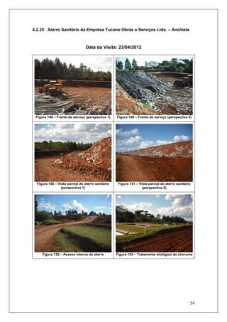 54
4.2.25 Aterro Sanitário da Empresa Tucano Obras e Serviços Ltda. – Anchieta
Data da Visita: 23/04/2012
Figura 148 – Frente de serviço (perspectiva 1) Figura 149 – Frente de serviço (perspectiva 2)
Figura 150 – Vista parcial do aterro sanitário
(perspectiva 1)
Figura 151 – Vista parcial do aterro sanitário
(perspectiva 2)
Figura 152 – Acesso interno do aterro Figura 153 – Tratamento biológico do chorume
 