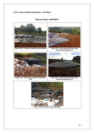 56
4.2.27 Aterro Sanitário Municipal – Sul Brasil
Data da Visita: 24/04/2012
Figura 160 – Lona para cobertura dos resíduos Figura 161 – Vista parcial do aterro tipo
trincheira (perspectiva 1)
Figura 162 – Vista aproximada da disposição
final
Figura 163 – Vista parcial do aterro tipo
trincheira (perspectiva 2)
Figura 164 – Detalhe da manta geotêxtil
 