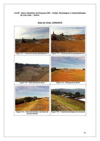 58
4.2.29 Aterro Sanitário da Empresa CRI – Coleta, Reciclagem e Industrialização
de Lixo Ltda. – Xaxim
Data da Visita: 25/04/2012
Figura 171 – Frente de serviço (perspectiva 1) Figura 172 – Frente de serviço (perspectiva 2)
Figura 173 – Vista parcial do aterro Figura 174 – Vista geral do aterro
Figura 175 – Vista dos taludes e da frente de
serviço (fundo)
Figura 176 – Tratamento biológico do chorume
 