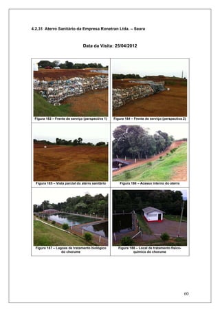 60
4.2.31 Aterro Sanitário da Empresa Ronetran Ltda. – Seara
Data da Visita: 25/04/2012
Figura 183 – Frente de serviço (perspectiva 1) Figura 184 – Frente de serviço (perspectiva 2)
Figura 185 – Vista parcial do aterro sanitário Figura 186 – Acesso interno do aterro
Figura 187 – Lagoas de tratamento biológico
do chorume
Figura 188 – Local de tratamento físico-
químico do chorume
 