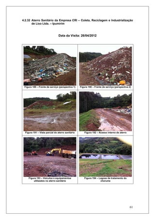61
4.2.32 Aterro Sanitário da Empresa CRI – Coleta, Reciclagem e Industrialização
de Lixo Ltda. – Ipumirim
Data da Visita: 26/04/2012
Figura 189 – Frente de serviço (perspectiva 1) Figura 190 – Frente de serviço (perspectiva 2)
Figura 191 – Vista parcial do aterro sanitário Figura 192 – Acesso interno do aterro
Figura 193 – Veículos e equipamentos
utilizados no aterro sanitário
Figura 194 – Lagoas de tratamento do
chorume
 