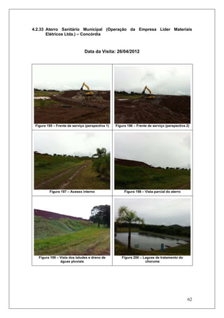 62
4.2.33 Aterro Sanitário Municipal (Operação da Empresa Líder Materiais
Elétricos Ltda.) – Concórdia
Data da Visita: 26/04/2012
Figura 195 – Frente de serviço (perspectiva 1) Figura 196 – Frente de serviço (perspectiva 2)
Figura 197 – Acesso interno Figura 198 – Vista parcial do aterro
Figura 199 – Vista dos taludes e dreno de
águas pluviais
Figura 200 – Lagoas de tratamento do
chorume
 