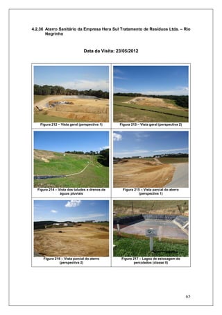 65
4.2.36 Aterro Sanitário da Empresa Hera Sul Tratamento de Resíduos Ltda. – Rio
Negrinho
Data da Visita: 23/05/2012
Figura 212 – Vista geral (perspectiva 1) Figura 213 – Vista geral (perspectiva 2)
Figura 214 – Vista dos taludes e drenos de
águas pluviais
Figura 215 – Vista parcial do aterro
(perspectiva 1)
Figura 216 – Vista parcial do aterro
(perspectiva 2)
Figura 217 – Lagoa de estocagem de
percolados (classe II)
 