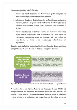 94
As diretrizes definidas pela PNRS, são:
• Incumbe ao Distrito Federal e aos Municípios a gestão integrada dos
resíduos sólidos gerados nos respectivos territórios.
• A União, os Estados, o Distrito Federal e os Municípios organizarão e
manterão, de forma conjunta, o Sistema Nacional de Informações sobre
a Gestão dos Resíduos Sólidos (Sinir), articulado com o Sinisa e o
Sinima.
• Incumbe aos Estados, ao Distrito Federal e aos Municípios fornecer ao
órgão federal responsável pela coordenação do Sinir todas as
informações necessárias sobre os resíduos sob sua esfera de
competência, na forma e na periodicidade estabelecidas em
regulamento.
Outra inovação da Política Nacional de Resíduos Sólidos é a Responsabilidade
Compartilhada pelo Ciclo de Vida do Produto e a Logística Reversa:
Figura 230 - Responsabilidade Compartilhada pelo Ciclo de Vida do Produto e a Logística Reversa
A regulamentação da Política Nacional de Resíduos Sólidos (PNRS) dá
atenção especial aos catadores de materiais recicláveis. Está definido, por
exemplo, que o sistema de coleta seletiva de resíduos sólidos e a logística
reversa priorizarão a participação de cooperativas ou de outras formas de
 