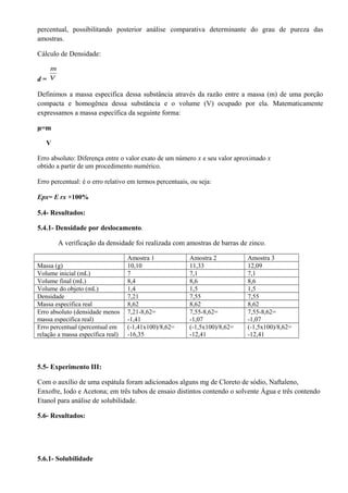 percentual, possibilitando posterior análise comparativa determinante do grau de pureza das
amostras.
Cálculo de Densidade:
d =
Definimos a massa especifica dessa substância através da razão entre a massa (m) de uma porção
compacta e homogênea dessa substância e o volume (V) ocupado por ela. Matematicamente
expressamos a massa específica da seguinte forma:
μ=m
V
Erro absoluto: Diferença entre o valor exato de um número x e seu valor aproximado x
obtido a partir de um procedimento numérico.
Erro percentual: é o erro relativo em termos percentuais, ou seja:
Epx= E rx ×100%
5.4- Resultados:
5.4.1- Densidade por deslocamento.
A verificação da densidade foi realizada com amostras de barras de zinco.
Amostra 1 Amostra 2 Amostra 3
Massa (g) 10,10 11,33 12,09
Volume inicial (mL) 7 7,1 7,1
Volume final (mL) 8,4 8,6 8,6
Volume do objeto (mL) 1,4 1,5 1,5
Densidade 7,21 7,55 7,55
Massa específica real 8,62 8,62 8,62
Erro absoluto (densidade menos
massa específica real)
7,21-8,62=
-1,41
7,55-8,62=
-1,07
7,55-8,62=
-1,07
Erro percentual (percentual em
relação a massa específica real)
(-1,41x100)/8,62=
-16,35
(-1,5x100)/8,62=
-12,41
(-1,5x100)/8,62=
-12,41
5.5- Experimento III:
Com o auxílio de uma espátula foram adicionados alguns mg de Cloreto de sódio, Naftaleno,
Enxofre, Iodo e Acetona; em três tubos de ensaio distintos contendo o solvente Água e três contendo
Etanol para análise de solubilidade.
5.6- Resultados:
5.6.1- Solubilidade
 