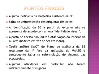    Alguma ineficácia da sinalética existente na BE.
   Falta de uniformização das etiquetas das cotas.
   A identificação da BE a partir do exterior não se
    apresenta de acordo com a nova “Identidade visual”.
   A porta de acesso não induz à observação do interior da
    BE (em madeira em vez de ser em vidro).
   Tardia análise SWOT do Plano de Melhoria da BE
    resultante da 1ª fase da aplicação do MAABE e
    consequente falha na reformulação de algumas das
    estratégias.
   Algumas atividades em         particular   não     foram
    suficientemente divulgadas.
 