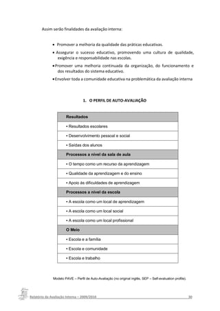 Assim serão finalidades da avaliação interna:


              Promover a melhoria da qualidade das práticas educativas.
              Assegurar o sucesso educativo, promovendo uma cultura de qualidade,
                exigência e responsabilidade nas escolas.
              Promover uma melhoria continuada da organização, do funcionamento e
                dos resultados do sistema educativo.
              Envolver toda a comunidade educativa na problemática da avaliação interna



                                 1. O PERFIL DE AUTO-AVALIAÇÃO


                     Resultados

                     ▪ Resultados escolares

                     ▪ Desenvolvimento pessoal e social

                     ▪ Saídas dos alunos

                     Processos a nível da sala de aula

                     ▪ O tempo como um recurso da aprendizagem

                     ▪ Qualidade da aprendizagem e do ensino

                     ▪ Apoio às dificuldades de aprendizagem

                     Processos a nível da escola

                     ▪ A escola como um local de aprendizagem

                     ▪ A escola como um local social

                     ▪ A escola como um local profissional

                     O Meio

                     ▪ Escola e a família

                     ▪ Escola e comunidade

                     ▪ Escola e trabalho



             Modelo PAVE – Perfil de Auto-Avaliação (no original inglês, SEP – Self-evaluation profile).




Relatório da Avaliação Interna – 2009/2010__________________________________________________30
 