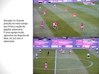 Situação 11: Grande
pressão no meio campo
que limita a acção do
jogador adversário.
É uma equipa muito
agressiva nas disputas de
bola, no 1x1 com o
adversário.

 