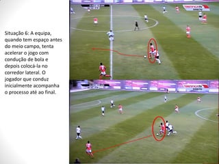 Situação 6: A equipa,
quando tem espaço antes
do meio campo, tenta
acelerar o jogo com
condução de bola e
depois colocá-la no
corredor lateral. O
jogador que conduz
inicialmente acompanha
o processo até ao final.

 