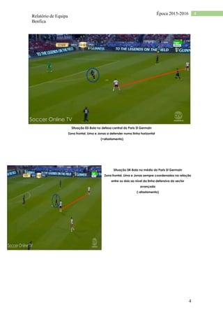 Relatório de Equipa
Benfica
4
4Época 2015-2016
Situação 03-Bola no defesa central do Paris St Germain
Zona frontal, Lima e Jonas a defender numa linha horizontal
(+afastamento)
Situação 04-Bola no médio do Paris St Germain
Zona frontal, Lima e Jonas sempre coordenados na relação
entre os dois ao nível da linha defensiva do sector
avançado
(-afastamento)
 