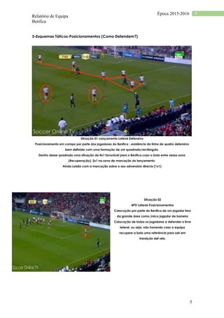 Relatório de Equipa
Benfica
5
5Época 2015-2016
3-Esquemas Táticos-Posicionamentos (Como Defendem?)
Situação 01-Lançamento Lateral Defensivo
Posicionamento em campo por parte dos jogadores do Benfica·, existência da linha de quatro defensiva
bem definida com uma formação de um quadrado/rectângulo.
Dentro desse quadrado uma situação de 4x1 favorável para o Benfica caso a bola entre nessa zona
(Recuperação), 2x1 na zona de marcação do lançamento.
Ainda Luisão com a marcação sobre o seu adversário directo (1x1)
Situação 02
BPD Lateral-Posicionamentos
Colocação por parte do Benfica de um jogador fora
da grande área como único jogador de barreira
Colocação de todos os jogadores a defender o livre
lateral, ou seja, não havendo caso a equipa
recupere a bola uma referência para sair em
transição def-ata.
 
