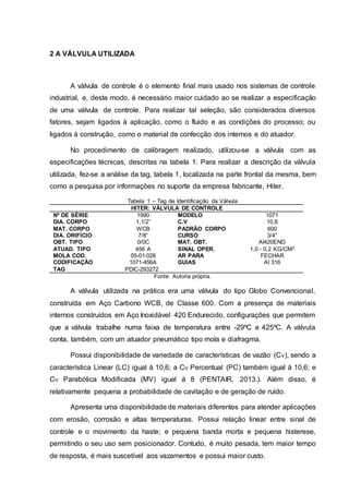 2 A VÁLVULA UTILIZADA
A válvula de controle é o elemento final mais usado nos sistemas de controle
industrial, e, deste modo, é necessário maior cuidado ao se realizar a especificação
de uma válvula de controle. Para realizar tal seleção, são considerados diversos
fatores, sejam ligados à aplicação, como o fluido e as condições do processo; ou
ligados à construção, como o material de confecção dos internos e do atuador.
No procedimento de calibragem realizado, utilizou-se a válvula com as
especificações técnicas, descritas na tabela 1. Para realizar a descrição da válvula
utilizada, fez-se a análise da tag, tabela 1, localizada na parte frontal da mesma, bem
como a pesquisa por informações no suporte da empresa fabricante, Hiter.
Tabela 1 – Tag de Identificação da Válvula
HITER: VÁLVULA DE CONTROLE
Nº DE SÉRIE 1990 MODELO 1071
DIA. CORPO 1,1/2” C.V 10,6
MAT. CORPO WCB PADRÃO CORPO 600
DIA. ORIFÍCIO 7/8” CURSO 3/4”
OBT. TIPO 0/0C MAT. OBT. AI420END
ATUAD. TIPO 456 A SINAL OPER. 1,0 - 0,2 KG/CM2
MOLA COD. 05-01-026 AR PARA FECHAR
CODIFICAÇÃO 1071-456A GUIAS AI 316
TAG PDIC-293272
Fonte: Autoria própria.
A válvula utilizada na prática era uma válvula do tipo Globo Convencional,
construída em Aço Carbono WCB, de Classe 600. Com a presença de materiais
internos construídos em Aço Inoxidável 420 Endurecido, configurações que permitem
que a válvula trabalhe numa faixa de temperatura entre -29ºC e 425ºC. A válvula
conta, também, com um atuador pneumático tipo mola e diafragma.
Possui disponibilidade de variedade de características de vazão (CV), sendo a
característica Linear (LC) igual à 10,6; a CV Percentual (PC) também igual à 10,6; e
CV Parabólica Modificada (MV) igual à 8 (PENTAIR, 2013.). Além disso, é
relativamente pequena a probabilidade de cavitação e de geração de ruído.
Apresenta uma disponibilidade de materiais diferentes para atender aplicações
com erosão, corrosão e altas temperaturas. Possui relação linear entre sinal de
controle e o movimento da haste; e pequena banda morta e pequena histerese,
permitindo o seu uso sem posicionador. Contudo, é muito pesada, tem maior tempo
de resposta, é mais suscetível aos vazamentos e possui maior custo.
 