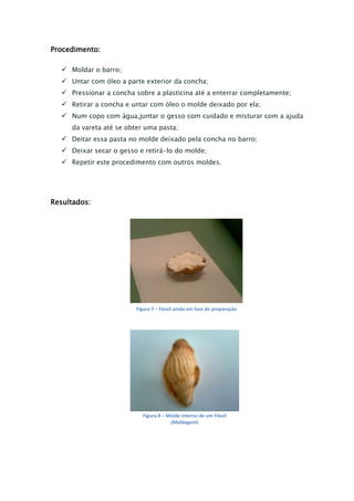 Procedimento:

   Moldar o barro;
   Untar com óleo a parte exterior da concha;
   Pressionar a concha sobre a plasticina até a enterrar completamente;
   Retirar a concha e untar com óleo o molde deixado por ela;
   Num copo com água,juntar o gesso com cuidado e misturar com a ajuda
     da vareta até se obter uma pasta;
   Deitar essa pasta no molde deixado pela concha no barro;
   Deixar secar o gesso e retirá-lo do molde;
   Repetir este procedimento com outros moldes.




Resultados:




                        Figura 7 – Fóssil ainda em fase de preparação




                           Figura 8 – Molde Interno de um Fóssil
                                       (Moldagem)
 