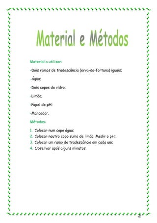 Material a utilizar:
-Dois ramos de tradescância (erva-da-fortuna) iguais;
-Água;
-Dois copos de vidro;
-Limão;
-Papel de pH;
-Marcador.
Métodos:
1. Colocar num copo água;
2. Colocar noutro copo sumo de limão. Medir o pH;
3. Colocar um ramo de tradescância em cada um;
4. Observar após alguns minutos.
2
 