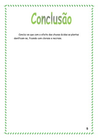 Conclui-se que com o efeito das chuvas ácidas as plantas
danificam-se, ficando com clorose e necrose.
5
 