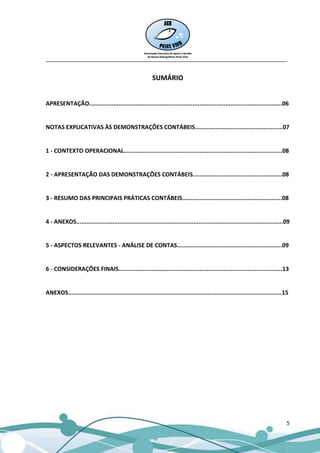 __________________________________________________________________________________


                                                         SUMÁRIO


APRESENTAÇÃO................................................................................................................06


NOTAS EXPLICATIVAS ÀS DEMONSTRAÇÕES CONTÁBEIS...................................................07


1 - CONTEXTO OPERACIONAL............................................................................................08


2 - APRESENTAÇÃO DAS DEMONSTRAÇÕES CONTÁBEIS....................................................08


3 - RESUMO DAS PRINCIPAIS PRÁTICAS CONTÁBEIS..........................................................08


4 - ANEXOS........................................................................................................................09


5 - ASPECTOS RELEVANTES - ANÁLISE DE CONTAS.............................................................09


6 - CONSIDERAÇÕES FINAIS...............................................................................................13


ANEXOS............................................................................................................................15




                                                                                                                                   5
 