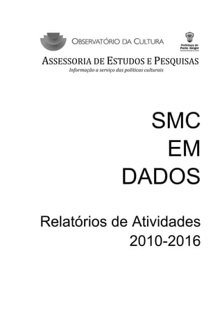 ASSESSORIA DE ESTUDOS E PESQUISAS
Informação a serviço das políticas culturais
SMC
EM
DADOS
Relatórios de Atividades
2010-2016
 