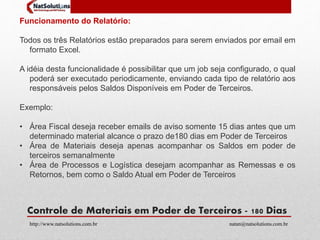 Funcionamento do Relatório: 
Todos os três Relatórios estão preparados para serem enviados por email em 
formato Excel. 
A idéia desta funcionalidade é possibilitar que um job seja configurado, o qual 
poderá ser executado periodicamente, enviando cada tipo de relatório aos 
responsáveis pelos Saldos Disponíveis em Poder de Terceiros. 
Exemplo: 
• Área Fiscal deseja receber emails de aviso somente 15 dias antes que um 
determinado material alcance o prazo de180 dias em Poder de Terceiros 
• Área de Materiais deseja apenas acompanhar os Saldos em poder de 
terceiros semanalmente 
• Área de Processos e Logística desejam acompanhar as Remessas e os 
Retornos, bem como o Saldo Atual em Poder de Terceiros 
Controle de Materiais em Poder de Terceiros - 180 Dias 
http://www.natsolutions.com.br natan@natsolutions.com.br 
 