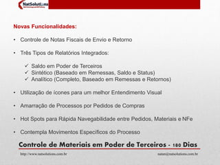 Novas Funcionalidades: 
• Controle de Notas Fiscais de Envio e Retorno 
• Três Tipos de Relatórios Integrados: 
 Saldo em Poder de Terceiros 
 Sintético (Baseado em Remessas, Saldo e Status) 
 Analítico (Completo, Baseado em Remessas e Retornos) 
• Utilização de ícones para um melhor Entendimento Visual 
• Amarração de Processos por Pedidos de Compras 
• Hot Spots para Rápida Navegabilidade entre Pedidos, Materiais e NFe 
• Contempla Movimentos Específicos do Processo 
Controle de Materiais em Poder de Terceiros - 180 Dias 
http://www.natsolutions.com.br natan@natsolutions.com.br 
 