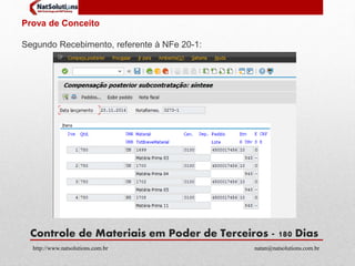 Prova de Conceito 
Segundo Recebimento, referente à NFe 20-1: 
Controle de Materiais em Poder de Terceiros - 180 Dias 
http://www.natsolutions.com.br natan@natsolutions.com.br 
 