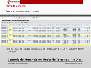 Prova de Conceito 
Executando novamente o relatório: 
Nota-se que os saldos referentes ao processo/NF-e 20-1 também foram 
zerados. 
Controle de Materiais em Poder de Terceiros - 180 Dias 
http://www.natsolutions.com.br natan@natsolutions.com.br 
 