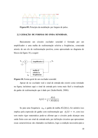 10
Figura 09. Princípio da modulação por largura de pulso.
2.2 GERAÇÃO DE FORMAS DE ONDA SENOIDAIS.
Basicamente um circuito oscilador senoidal é formado por um
amplificador e uma malha de realimentação seletiva a freqüências, conectada
através de um elo de realimentação positiva, como apresentado no diagrama de
blocos da figura 10, a seguir:
Figura 10. Forma geral de um oscilador senoidal.
Apesar de no oscilador real o sinal de entrada não existir como retratado
na figura, incluímos aqui o sinal de entrada pois torna mais fácil a visualização
do ganho de realimentação que é dado por (Sedra/Smith, 2000):
𝐴 𝑓(𝑠) =
𝐴(𝑠)
1 − 𝐴( 𝑠) 𝛽(𝑠)
Se para uma frequência 𝜔0, o ganho de malha 𝐴( 𝑠) 𝛽(𝑠), for unitário isso
implica pela expressão do ganho com realimentação que 𝐴 𝑓
( 𝑠) → ∞, com isso
sem muito rigor matemático pode-se afirmar que o circuito pode alcançar uma
saída finita com um sinal de entrada nulo, por definição circuitos que apresentam
essas características são chamados osciladores, logo a condição necessária para a
 