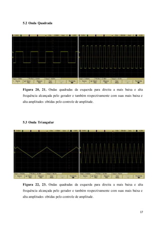 17
5.2 Onda Quadrada
Figura 20, 21. Ondas quadradas da esquerda para direita a mais baixa e alta
frequência alcançada pelo gerador e também respectivamente com suas mais baixa e
alta amplitudes obtidas pelo controle de amplitude.
5.3 Onda Triangular
Figura 22, 23. Ondas quadradas da esquerda para direita a mais baixa e alta
frequência alcançada pelo gerador e também respectivamente com suas mais baixa e
alta amplitudes obtidas pelo controle de amplitude.
 