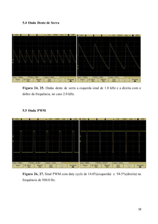 18
5.4 Onda Dente de Serra
Figura 24, 25. Ondas dente de serra a esquerda sinal de 1.0 kHz e a direita com o
dobro da frequência, no caso 2.0 kHz.
5.5 Onda PWM
Figura 26, 27. Sinal PWM com duty cycle de 14.0%(esquerda) e 94.5%(direita) na
frequência de 500.0 Hz.
 