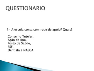 1- A escola conta com rede de apoio? Quais?Conselho Tutelar,Ação de Rua,Posto de Saúde,PSF,Dentista e NASCA. QUESTIONARIO