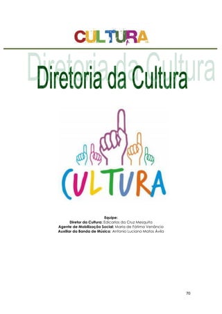 70
Equipe:
Diretor da Cultura: Edicarlos da Cruz Mesquita
Agente de Mobilização Social: Maria de Fátima Venâncio
Auxiliar da Banda de Música: Antonio Luciano Matos Ávila
 