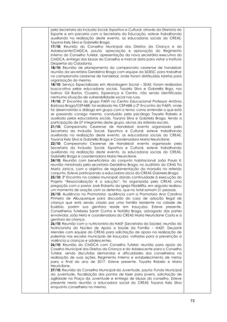 73
pela Secretaria da Inclusão Social, Esportiva e Cultural, através da Diretoria do
Esporte e em parceria com a Secretaria da Educação, esteve trabalhando
auxiliando na realização deste evento, as educadoras sociais do CREAS,
Tayana Kely Silva e Gabriella Braga.
17/10: Reunião do Conselho Municipal dos Direitos da Criança e do
Adolescente/CMDCA, pauta: apreciação e aprovação do Regimento
Interno do Conselho Tutelar, apresentação da nova secretária executiva do
CMDCA, entrega das blusas do Conselho e marcar data para visitar o Instituto
Despertar da Cidadania.
18/10: Reunião de planejamento do campeonato cearense de handebol:
reunião da secretária Geraldina Braga com equipe da SIDESC para trabalhar
no campeonato cearense de handebol, onde foram distribuídas tarefas para
organização do mesmo.
18/10: Serviço Especializado em Abordagem Social – SEAS: foram realizadas
busca-ativa pelas educadoras sociais, Tayarla Silva e Gabriella Brga, nos
bairros: Gil Bastos, Cruzeiro, Esperança e Centro, não sendo identificada
nenhuma situação de vulnerabilidade social nas ruas.
19/10: 2º Encontro do grupo PAEFI no Centro Educacional Professor Antônio
Barbosa Braga/CEPABB: foi realizado No CEPABB o 2º Encontro do PAEFI, onde
foi desenvolvido o diálogo em grupo com o tema: como entender o que está
se passando consigo mesmo, conduzido pela psicóloga Tayarla Rabelo e
auxiliado pelas educadoras sociais, Tayana Silva e Gabriela Braga, tendo a
participação de 07 integrantes deste grupo, alunos da referida escola.
21/10: Campeonato Cearense de Handebol: evento organizado pela
Secretaria da Inclusão Social, Esportiva e Cultural, esteve trabalhando
auxiliando na realização deste evento, as educadoras sociais do CREAS,
Tayana Kely Silva e Gabriella Braga e Coordenadora Maria Neuricilane.
22/10: Campeonato Cearense de Handebol: evento organizado pela
Secretaria da Inclusão Social, Esportiva e Cultural, esteve trabalhando
auxiliando na realização deste evento, as educadoras sociais do CREAS,
Gabriella Braga e coordenadora Maria Neuricilane.
24/10: Reunião com beneficiários do conjunto habitacional João Paulo II:
reunião ministrada pela secretaria Geraldina Braga, no auditório do CRAS Tia
Maria Janica, com o objetivo de regulamentação da moradia no referido
conjunto. Esteve participando a educadora sócia do CREAS Gabriela Braga.
25/10: 3º Encontro na cadeia municipal: dando continuidade à execução do
Projeto “Ressocialização é a solução”, foi organizada pelo CREAS uma
pregação com o pastor José Roberto da igreja Filadélfia, em seguida realizou
um momento de oração com os detentos, que no total somam 21 pessoas.
25/10: Audiência na Promotoria: audiência com a Promotora Ana Carolina
Pinheiro de Albuquerque para discussão do caso de adoção ilegal de
criança que está sendo criada por uma família residente na cidade de
Eusébio, porém sua genitora reside em Irauçuba. Esteve presente,
Conselheiros Tutelares Sarah Cunha e Natália Braga, advogado das partes
envolvidas João Neto e coordenadora do CREAS Maria Neuricilane Costa e a
genitora da criança.
26/10: Reunião com o nutricionista do NASF (Secretaria da Saúde): reunião do
Nutricionista do Núcleo de Apoio a Saúde da Família – NASF, Deuzanir
Mendes com equipe do CREAS para solicitação de apoio na realização de
palestras nas escolas municipais de Irauçuba, voltadas para a prevenção a
violência a crianças e adolescentes.
26/10: Reunião do CMDCA com Conselho Tutelar: reunião para apoio do
Coselho Municipal dos Direitos da Criança e do Adolescente para o Conselho
Tutelar, sendo discutidas demandas e dificuldades dos conselheiros na
realização de suas ações, Regimento Interno e estabelecimento de metas
para o final do ano de 2017. Esteve presente, Tayarla Rabelo e Maria
Neuricilane.
27/10: Reunião do Conselho Municipal da Juventude, pauta: Fundo Municipal
da Juventude, fiscalização dos pontos de lazer para jovens, solicitação de
agilidade na Praça da Juventude e entrega de blusas do conselho. Esteve
presente nesta reunião a educadora social do CREAS Tayana Kely Silva
enquanto conselheira no mesmo.
 