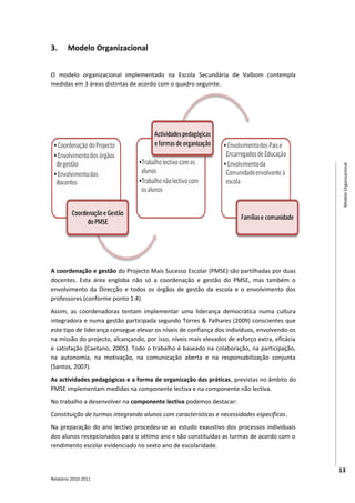 3.      Modelo Organizacional


O modelo organizacional implementado na Escola Secundária de Valbom contempla
medidas em 3 áreas distintas de acordo com o quadro seguinte.




                                                                                                Modelo Organizacional
A coordenação e gestão do Projecto Mais Sucesso Escolar (PMSE) são partilhadas por duas
docentes. Esta área engloba não só a coordenação e gestão do PMSE, mas também o
envolvimento da Direcção e todos os órgãos de gestão da escola e o envolvimento dos
professores (conforme ponto 1.4).
Assim, as coordenadoras tentam implementar uma liderança democrática numa cultura
integradora e numa gestão participada segundo Torres & Palhares (2009) conscientes que
este tipo de liderança consegue elevar os níveis de confiança dos indivíduos, envolvendo-os
na missão do projecto, alcançando, por isso, níveis mais elevados de esforço extra, eficácia
e satisfação (Caetano, 2005). Todo o trabalho é baseado na colaboração, na participação,
na autonomia, na motivação, na comunicação aberta e na responsabilização conjunta
(Santos, 2007).
As actividades pedagógicas e a forma de organização das práticas, previstas no âmbito do
PMSE implementam medidas na componente lectiva e na componente não lectiva.
No trabalho a desenvolver na componente lectiva podemos destacar:
Constituição de turmas integrando alunos com características e necessidades específicas.
Na preparação do ano lectivo procedeu-se ao estudo exaustivo dos processos individuais
dos alunos recepcionados para o sétimo ano e são constituídas as turmas de acordo com o
rendimento escolar evidenciado no sexto ano de escolaridade.


                                                                                               13
Relatório 2010-2011
 