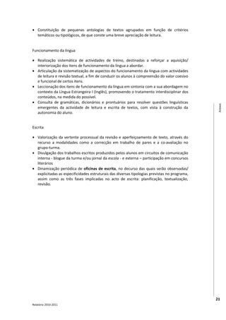 • Constituição de pequenas antologias de textos agrupados em função de critérios
  temáticos ou tipológicos, de que conste uma breve apreciação de leitura.


Funcionamento da língua

• Realização sistemática de actividades de treino, destinadas a reforçar a aquisição/
  interiorização dos itens de funcionamento da língua a abordar.
• Articulação da sistematização de aspectos do funcionamento da língua com actividades
  de leitura e revisão textual, a fim de conduzir os alunos à compreensão do valor coesivo
  e funcional de certos itens.
• Leccionação dos itens de funcionamento da língua em sintonia com a sua abordagem no
  contexto da Língua Estrangeira I (Inglês), promovendo o tratamento interdisciplinar dos
  conteúdos, na medida do possível.
• Consulta de gramáticas, dicionários e prontuários para resolver questões linguísticas




                                                                                                Anexos
  emergentes da actividade de leitura e escrita de textos, com vista à construção da
  autonomia do aluno.


Escrita

• Valorização da vertente processual da revisão e aperfeiçoamento de texto, através do
  recurso a modalidades como a correcção em trabalho de pares e a co-avaliação no
  grupo-turma.
• Divulgação dos trabalhos escritos produzidos pelos alunos em circuitos de comunicação
  interna - blogue da turma e/ou jornal da escola - e externa – participação em concursos
  literários
• Dinamização periódica de oficinas de escrita, no decurso das quais serão observadas/
  explicitadas as especificidades estruturais das diversas tipologias previstas no programa,
  assim como as três fases implicadas no acto de escrita: planificação, textualização,
  revisão.




                                                                                               21
Relatório 2010-2011
 