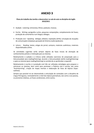 ANEXO 3
     Plano de trabalho das tarefas a desenvolver na sala de aula na disciplina de Inglês
                                        2010/2011


• Audição - Listening: entrevistas; filmes; podcasts; músicas.

• Escrita - Writing: parágrafos curtos, pequenas composições; completamento de frases;
  produção de comentários num blogue; diálogos.

• Produção oral – Speaking - diálogos; debates; repetições (drills); simulação de situações
  de comunicação (roleplays); gravação de ficheiros áudio (podcasts).




                                                                                                Anexos
• Leitura - Reading: textos; artigos de jornal; cartoons; materiais autênticos; materiais
  disponibilizados online.

As actividades sugeridas serão sempre objecto de fases iniciais de elicitação de
conhecimentos prévios e motivação para as mesmas.
Relativamente à audição e à leitura serão utilizados exercícios de preparação para a
leitura/audição (pre-reading/listening), durante a leitura/audição (while-reading/listening)
e após as mesmas (post-reading/listening) no sentido de as aprofundar e expandir.
Relativamente à escrita e à produção oral irão ser utilizadas estratégias para preparar e
estruturar as mesmas, bem como para promover a fluência oral e escrita, tais como
“brainstorming”, criação de mapas mentais e elaboração de listas de tópicos (topic-
outlines).
Sempre que possível irá ser desenvolvida a articulação de conteúdos com a disciplina de
Língua Portuguesa, nomeadamente a nível dos tópicos gramaticais, tais como a voz passiva,
os pronomes relativos, as frases condicionais, entre outros.




                                                                                               24
Relatório 2010-2011
 