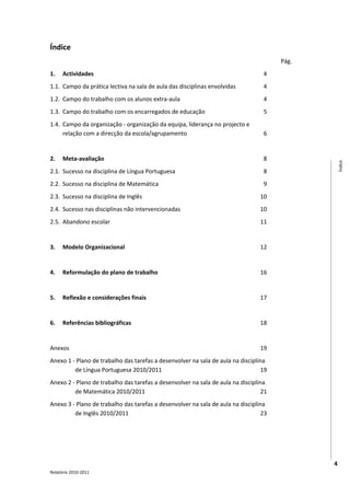 Índice
                                                                                       Pág.
1.    Actividades                                                                 4
1.1. Campo da prática lectiva na sala de aula das disciplinas envolvidas          4
1.2. Campo do trabalho com os alunos extra-aula                                   4
1.3. Campo do trabalho com os encarregados de educação                            5
1.4. Campo da organização - organização da equipa, liderança no projecto e
     relação com a direcção da escola/agrupamento                                 6


2.    Meta-avaliação                                                              8




                                                                                                  Índice
2.1. Sucesso na disciplina de Língua Portuguesa                                   8
2.2. Sucesso na disciplina de Matemática                                          9
2.3. Sucesso na disciplina de Inglês                                             10
2.4. Sucesso nas disciplinas não intervencionadas                                10
2.5. Abandono escolar                                                            11


3.    Modelo Organizacional                                                      12


4.    Reformulação do plano de trabalho                                          16


5.    Reflexão e considerações finais                                            17


6.    Referências bibliográficas                                                 18


Anexos                                                                           19
Anexo 1 - Plano de trabalho das tarefas a desenvolver na sala de aula na disciplina
         de Língua Portuguesa 2010/2011                                           19
Anexo 2 - Plano de trabalho das tarefas a desenvolver na sala de aula na disciplina
         de Matemática 2010/2011                                                  21
Anexo 3 - Plano de trabalho das tarefas a desenvolver na sala de aula na disciplina
         de Inglês 2010/2011                                                      23




                                                                                              4
Relatório 2010-2011
 