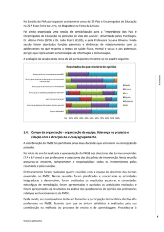 No âmbito do PAA participaram activamente cerca de 25 Pais e Encarregados de Educação
na 22.ª Expo-Feira do Livro, no Magusto e na Festa da Leitura.
Foi ainda organizada uma sessão de sensibilização para a “Importância dos Pais e
Encarregados de Educação no percurso de vida dos alunos”, dinamizada pelos Psicólogos,
Dr. Albino Pinto (SPO) e Dr. João Pedro (CLDS), e pela Professora Susana Oliveira. Nesta
sessão foram abordadas funções parentais e dinâmicas de relacionamento com os
adolescentes no que respeita a regras de saúde física, mental e social e aos potenciais
perigos que representam as tecnologias de informação e comunicação.
A avaliação da sessão pelos cerca de 20 participantes encontra-se no quadro seguinte.




                                                                                                    Actividades
1.4. Campo da organização - organização da equipa, liderança no projecto e
     relação com a direcção da escola/agrupamento
A coordenação do PMSE foi partilhada pelas duas docentes que estiveram na concepção do
projecto.
No início do ano foi realizada a apresentação do PMSE aos directores das turmas envolvidas
(7.º e 8.º anos) e aos professores e assessores das disciplinas de intervenção. Nesta reunião
procurou-se envolver, comprometer e responsabilizar todos os intervenientes pelos
resultados e pelo sucesso.
Ordinariamente foram realizadas quatro reuniões com a equipa de docentes das turmas
envolvidas no PMSE. Nestas reuniões foram planificadas e concertadas as actividades
integradoras a desenvolver; foram analisados os resultados escolares e concertadas
estratégias de remediação; foram apresentadas e avaliadas as actividades realizadas e
foram apresentados os resultados da análise dos questionários de opinião dos professores
relativos ao funcionamento do PMSE.
Deste modo, as coordenadoras tentaram fomentar a participação democrática efectiva dos
professores no PMSE, fazendo com que se sintam satisfeitos e realizados pela sua
contribuição na melhoria do processo de ensino e de aprendizagem. Procedeu-se à


                                                                                                7
Relatório 2010-2011
 