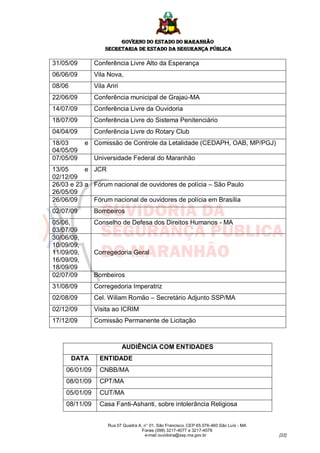 GOVERNO DO ESTADO DO MARANHÃO
                   SECRETARIA DE ESTADO DA SEGURANÇA PÚBLICA

31/05/09       Conferência Livre Alto da Esperança
06/06/09       Vila Nova,
08/06          Vila Ariri
22/06/09       Conferência municipal de Grajaú-MA
14/07/09       Conferência Livre da Ouvidoria
18/07/09       Conferência Livre do Sistema Penitenciário
04/04/09       Conferência Livre do Rotary Club
18/03       e Comissão de Controle da Letalidade (CEDAPH, OAB, MP/PGJ)
04/05/09
07/05/09       Universidade Federal do Maranhão
13/05      e JCR
02/12/09
26/03 e 23 a Fórum nacional de ouvidores de polícia – São Paulo
26/05/09
26/06/09     Fórum nacional de ouvidores de polícia em Brasília
02/07/09       Bombeiros
05/06,         Conselho de Defesa dos Direitos Humanos - MA
03/07/09
30/06/09,
10/09/09,
11/09/09,      Corregedoria Geral
16/09/09,
18/09/09
02/07/09       Bombeiros
31/08/09       Corregedoria Imperatriz
02/08/09       Cel. Wiliam Romão – Secretário Adjunto SSP/MA
02/12/09       Visita ao ICRIM
17/12/09       Comissão Permanente de Licitação



                            AUDIÊNCIA COM ENTIDADES
        DATA     ENTIDADE
    06/01/09     CNBB/MA
    08/01/09     CPT/MA
    05/01/09     CUT/MA
    08/11/09     Casa Fanti-Ashanti, sobre intolerância Religiosa


                    Rua 07 Quadra A, n° 01, São Francisco. CEP 65.076-460 São Luís - MA
                                    Fones (098) 3217-4077 e 3217-4078
                                     e-mail ouvidoria@ssp.ma.gov.br                       [22]
 