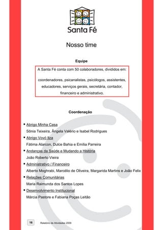 Nosso time

                                       Equipe

       A Santa Fé conta com 50 colaboradores, divididos em:

       coordenadores, psicanalistas, psicólogos, assistentes,
         educadores, serviços gerais, secretária, contador,
                          financeiro e administrativo.




                                 Coordenação


Abrigo Minha Casa
Sônia Teixeira, Ângela Valério e Isabel Rodrigues
Abrigo Vovó Ilza
Fátima Alarcon, Dulce Bahia e Emília Parreira
Andanças da Saúde e Mudando a História
João Roberto Vieira
Administrativo / Financeiro
Alberto Moghrabi, Marcélio de Oliveira, Margarida Martins e João Felix
Relações Comunitárias
Maria Raimunda dos Santos Lopes
Desenvolvimento Institucional
Márcia Pastore e Fabiana Poças Leitão




 16     Relatório de Atividades 2009
 