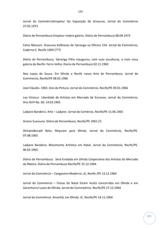 125
125
Jornal do CommércioEmpetur faz Exposição de Gravuras. Jornal do Commércio
27.05.1973
Diário de Pernambuco Empetur reabre galeria. Diário de Pernambuco 08.04.1973
Celso Marconi. Gravuras Kafkianas de Ypiranga na Oficina 154. Jornal do Commércio,
Caderno C. Recife 1969 (???)
Diário de Pernambuco. Ypiranga Filho inaugurou, com suas esculturas, a mais nova
galeria do Recife: Ferro Velho. Diario de Pernambuco 02.11.1969
Ney Lopes de Souza. Em Olinda e Recife nasce Arte de Pernambuco. Jornal do
Commercio, Recife/PE 08.02.1966
José Cláudio. 1965: Ano da Pintura. Jornal do Commércio, Recife/PE 09.01.1966
Lea Vinocur. Liberdade de Artistas em Mercado de Escravos. Jornal do Commércio,
Ano XLVI No. 60. 14.03.1965
Ladjane Bandeira. Arte – Ladjane. Jornal do Comércio, Recife/PE 11.06.1965
Ariano Suassuna. Diário de Pernambuco, Recife/PE 1965 (?)
OlimpioBonald Neto. Réquiem para Olinda. Jornal do Commércio, Recife/PE.
07.08.1965
Ladjane Bandeira. Movimento Artístico em Natal. Jornal do Commércio, Recife/PE.
06.02.1965.
Diário de Pernambuco. Será fundada em Olinda Cooperativa dos Artistas do Mercado
da Ribeira. Diário de Pernambuco Recife/PE 25.12.1964.
Jornal do Commércio – Cangaceiro Moderno. JC, Recife /PE 13.12.1964
Jornal do Commércio – Festas do Natal foram muito concorridas em Olinda e em
Garanhuns/ Luzes de Olinda. Jornal do Commeércio. Recife/PE 27.12.1964
Jornal do Commércio. Amanhã, em Olinda. JC. Recife/PE 14.11.1964
 