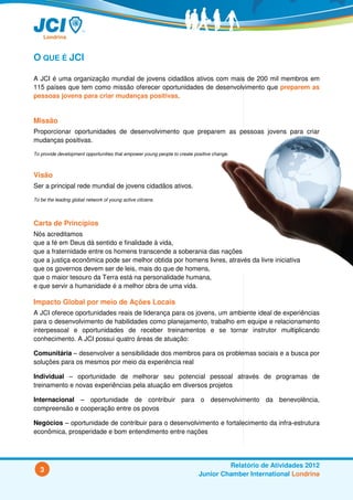 O QUE É JCI

A JCI é uma organização mundial de jovens cidadãos ativos com mais de 200 mil membros em
115 países que tem como missão oferecer oportunidades de desenvolvimento que preparem as
pessoas jovens para criar mudanças positivas.


Missão
Proporcionar oportunidades de desenvolvimento que preparem as pessoas jovens para criar
mudanças positivas.

To provide development opportunities that empower young people to create positive change.



Visão
Ser a principal rede mundial de jovens cidadãos ativos.

To be the leading global network of young active citizens.




Carta de Princípios
Nós acreditamos
que a fé em Deus dá sentido e finalidade à vida,
que a fraternidade entre os homens transcende a soberania das nações
que a justiça econômica pode ser melhor obtida por homens livres, através da livre iniciativa
que os governos devem ser de leis, mais do que de homens,
que o maior tesouro da Terra está na personalidade humana,
e que servir a humanidade é a melhor obra de uma vida.

Impacto Global por meio de Ações Locais
A JCI oferece oportunidades reais de liderança para os jovens, um ambiente ideal de experiências
para o desenvolvimento de habilidades como planejamento, trabalho em equipe e relacionamento
interpessoal e oportunidades de receber treinamentos e se tornar instrutor multiplicando
conhecimento. A JCI possui quatro áreas de atuação:

Comunitária – desenvolver a sensibilidade dos membros para os problemas sociais e a busca por
soluções para os mesmos por meio da experiência real

Individual – oportunidade de melhorar seu potencial pessoal através de programas de
treinamento e novas experiências pela atuação em diversos projetos

Internacional – oportunidade de contribuir para o desenvolvimento da benevolência,
compreensão e cooperação entre os povos

Negócios – oportunidade de contribuir para o desenvolvimento e fortalecimento da infra-estrutura
econômica, prosperidade e bom entendimento entre nações




                                                                                    Relatório de Atividades 2012
   3
                                                                           Junior Chamber International Londrina
 