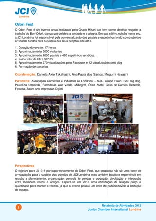 Odori Fest
O Odori Fest é um evento anual realizado pelo Grupo Hikari que tem como objetivo resgatar a
tradição do Bon-Odori, dança que celebra a amizade e a alegria. Em sua sétima edição neste ano,
a JCI Londrina foi responsável pela comercialização dos pasteis e espetinhos tendo como objetivo
arrecadar fundos para o custeio dos seus projetos em 2013.

1.   Duração do evento: 17 horas
2.   Aproximadamente 3000 visitantes
3.   Aproximadamente 1000 pasteis e 480 espetinhos vendidos.
4.   Saldo total de R$ 1.687,85
5.   Aproximadamente 270 visualizações pelo Facebook e 42 visualizações pelo blog
6.   Formação de parcerias

Coordenação: Daniela Akie Takahashi, Ana Paula dos Santos, Megumi Hayashi

Parceiros: Associação Comercial e Industrial de Londrina – ACIL, Grupo Hikari, Box Big Dog,
Pastel do Fernando, Farmácias Vale Verde, Midiograf, Ótica Asahi, Casa de Carnes Rezende,
Festella, Zoom Arte Impressão Digital




Perspectivas
O objetivo para 2013 é participar novamente do Odori Fest, que propiciou não só uma fonte de
arrecadação para o custeio dos projetos da JCI Londrina mas também bastante experiência em
relação a planejamento, organização, controle de vendas e produção, divulgação e integração
entre membros novos e antigos. Espera-se em 2013 uma otimização da relação preço e
quantidade para manter a receita, já que o evento possui um limite de público devido a limitação
de espaço.




                                                                Relatório de Atividades 2012
     9
                                                       Junior Chamber International Londrina
 