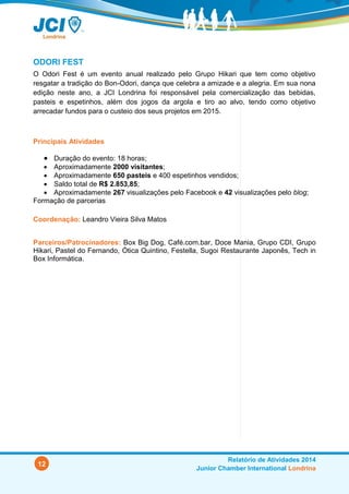 12
Relatório de Atividades 2014
Junior Chamber International Londrina
ODORI FEST
O Odori Fest é um evento anual realizado pelo Grupo Hikari que tem como objetivo
resgatar a tradição do Bon-Odori, dança que celebra a amizade e a alegria. Em sua nona
edição neste ano, a JCI Londrina foi responsável pela comercialização das bebidas,
pasteis e espetinhos, além dos jogos da argola e tiro ao alvo, tendo como objetivo
arrecadar fundos para o custeio dos seus projetos em 2015.
Principais Atividades
 Duração do evento: 18 horas;
 Aproximadamente 2000 visitantes;
 Aproximadamente 650 pasteis e 400 espetinhos vendidos;
 Saldo total de R$ 2.853,85;
 Aproximadamente 267 visualizações pelo Facebook e 42 visualizações pelo blog;
Formação de parcerias
Coordenação: Leandro Vieira Silva Matos
Parceiros/Patrocinadores: Box Big Dog, Café.com.bar, Doce Mania, Grupo CDI, Grupo
Hikari, Pastel do Fernando, Ótica Quintino, Festella, Sugoi Restaurante Japonês, Tech in
Box Informática.
 