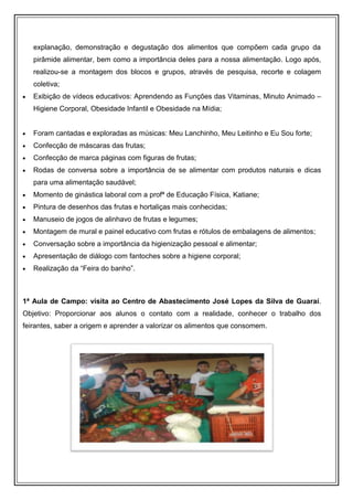 explanação, demonstração e degustação dos alimentos que compõem cada grupo da
   pirâmide alimentar, bem como a importância deles para a nossa alimentação. Logo após,
   realizou-se a montagem dos blocos e grupos, através de pesquisa, recorte e colagem
   coletiva;
   Exibição de vídeos educativos: Aprendendo as Funções das Vitaminas, Minuto Animado –
   Higiene Corporal, Obesidade Infantil e Obesidade na Mídia;


   Foram cantadas e exploradas as músicas: Meu Lanchinho, Meu Leitinho e Eu Sou forte;
   Confecção de máscaras das frutas;
   Confecção de marca páginas com figuras de frutas;
   Rodas de conversa sobre a importância de se alimentar com produtos naturais e dicas
   para uma alimentação saudável;
   Momento de ginástica laboral com a profª de Educação Física, Katiane;
   Pintura de desenhos das frutas e hortaliças mais conhecidas;
   Manuseio de jogos de alinhavo de frutas e legumes;
   Montagem de mural e painel educativo com frutas e rótulos de embalagens de alimentos;
   Conversação sobre a importância da higienização pessoal e alimentar;
   Apresentação de diálogo com fantoches sobre a higiene corporal;
   Realização da “Feira do banho”.



1ª Aula de Campo: visita ao Centro de Abastecimento José Lopes da Silva de Guaraí.
Objetivo: Proporcionar aos alunos o contato com a realidade, conhecer o trabalho dos
feirantes, saber a origem e aprender a valorizar os alimentos que consomem.
 