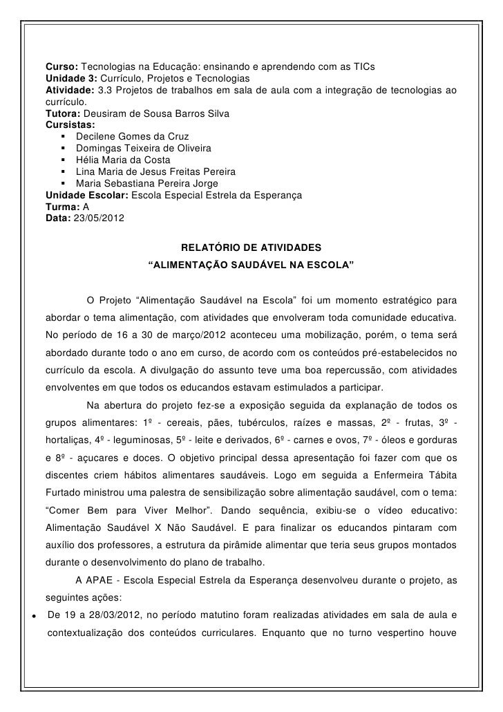 Relatorio de atividades realizadas no trabalho Relatorio de atividades realizadas no trabalho