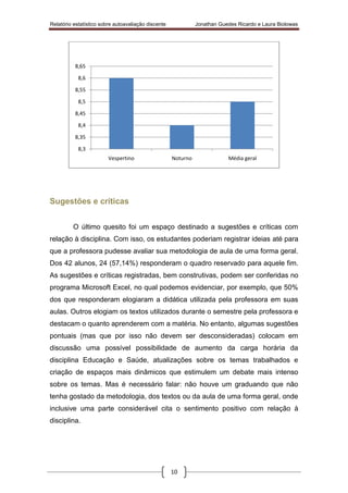 Relatório estatístico sobre autoavaliação discente Jonathan Guedes Ricardo e Laura Biolowas
10
Sugestões e críticas
O último quesito foi um espaço destinado a sugestões e críticas com
relação à disciplina. Com isso, os estudantes poderiam registrar ideias até para
que a professora pudesse avaliar sua metodologia de aula de uma forma geral.
Dos 42 alunos, 24 (57,14%) responderam o quadro reservado para aquele fim.
As sugestões e críticas registradas, bem construtivas, podem ser conferidas no
programa Microsoft Excel, no qual podemos evidenciar, por exemplo, que 50%
dos que responderam elogiaram a didática utilizada pela professora em suas
aulas. Outros elogiam os textos utilizados durante o semestre pela professora e
destacam o quanto aprenderem com a matéria. No entanto, algumas sugestões
pontuais (mas que por isso não devem ser desconsideradas) colocam em
discussão uma possível possibilidade de aumento da carga horária da
disciplina Educação e Saúde, atualizações sobre os temas trabalhados e
criação de espaços mais dinâmicos que estimulem um debate mais intenso
sobre os temas. Mas é necessário falar: não houve um graduando que não
tenha gostado da metodologia, dos textos ou da aula de uma forma geral, onde
inclusive uma parte considerável cita o sentimento positivo com relação à
disciplina.
8,3
8,35
8,4
8,45
8,5
8,55
8,6
8,65
Vespertino Noturno Média geral
 