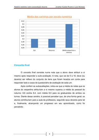 Relatório estatístico sobre autoavaliação discente Jonathan Guedes Ricardo e Laura Biolowas
9
Média das carinhas por escala numérica
Conceito final
O conceito final consiste numa nota que o aluno deve atribuir a si
mesmo após responder a auto-avaliação. A nota, que vai de 0 a 10, deve (ou
deveria) ser reflexo do conjunto de itens que foram levados em conta para
responder todo o corpo do questionário de avaliação de cada um.
Após conferir as autoavaliações, notou-se que a média de notas que os
alunos do vespertino atribuíram a si mesmo superou a média do pessoal do
noturno: 8,6 contra 8,4, com média 8,5 para os graduandos de ambos os
turnos. Diante desse cenário, é possível perceber que, de uma forma geral, os
alunos contribuíram para a aula da professora, seguindo seus deveres para tal
e, finalmente, alcançando um progresso em seu aprendizado, como foi
percebido.
8,34
8,36
8,38
8,4
8,42
8,44
8,46
8,48
8,5
8,52
8,6 Noturno Média vespertino e
noturno
 