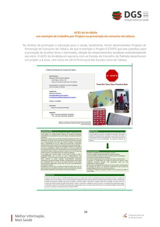 29
ACES da Arrábida
um exemplo de trabalho por Projeto na prevenção do consumo de tabaco.
No âmbito da promoção e educação para a saúde, localmente, foram desenvolvidos Projetos de
Prevenção do Consumo de Tabaco, de que é exemplo o Projeto E-STOP’S que visa contribuir para
a promoção de escolhas livres e informadas, adoção de comportamentos saudáveis evitando/adiando
seu início. O ACES da Arrábida em parceria com as Escolas do Concelho de Palmela desenharam
um projeto a 4 anos, com inicio em 2013/14 em prol das Escolas Livres de Tabaco.
 
