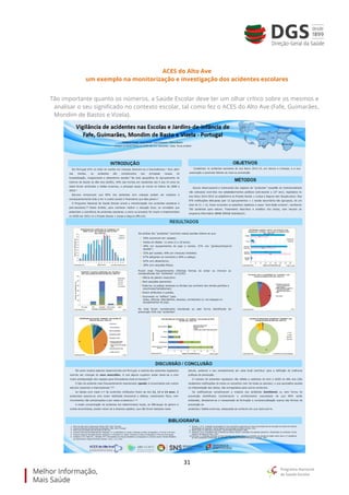31
ACES do Alto Ave
um exemplo na monitorização e investigação dos acidentes escolares
Tão importante quanto os números, a Saúde Escolar deve ter um olhar crítico sobre os mesmos e
analisar o seu significado no contexto escolar, tal como fez o ACES do Alto Ave (Fafe, Guimarães,
Mondim de Bastos e Vizela).
 