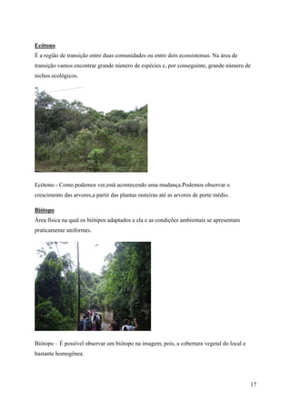 Ecótono
É a região de transição entre duas comunidades ou entre dois ecossistemas. Na área de
transição vamos encontrar grande número de espécies e, por conseguinte, grande número de
nichos ecológicos.




Ecótono - Como podemos ver,está acontecendo uma mudança.Podemos observar o
crescimento das arvores,a partir das plantas rasteiras até as arvores de porte médio.

Biótopo
Área física na qual os biótipos adaptados a ela e as condições ambientais se apresentam
praticamente uniformes.




Biótopo – É possível observar um biótopo na imagem, pois, a cobertura vegetal do local e
bastante homogênea.




                                                                                           17
 